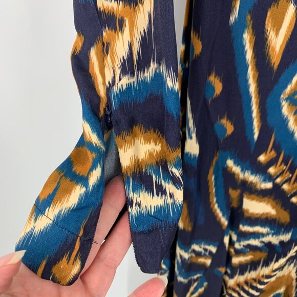 Farm Rio Pineapple Ikat navy blue maxi dress silky zipper yellow long new Small - Picture 4 of 6